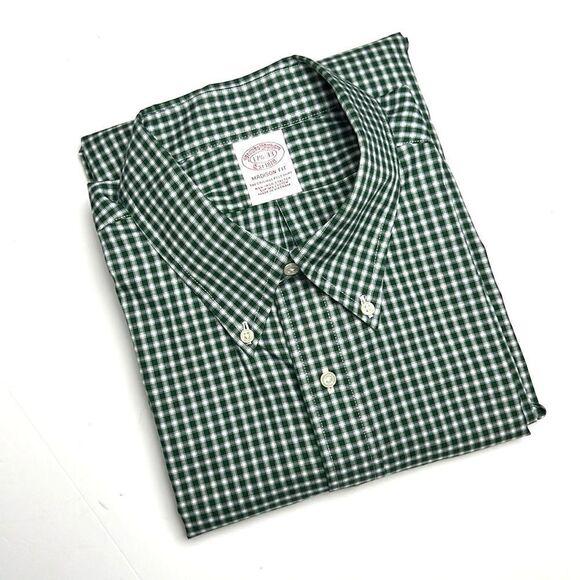 Brooks Brothers Button Down Shirt Madison Fit Cotton Green Gingham Plaid 17,5-33 - Picture 3 of 13
